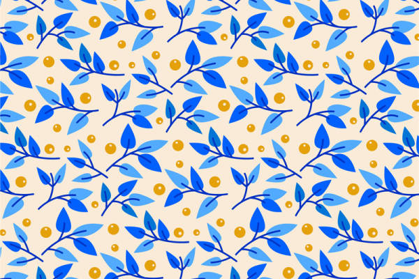 清新自然风格服装印花面料：蓝色叶子与黄色圆点的完美搭配