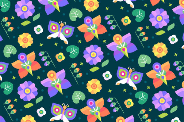 春日花园：多彩花卉与蝴蝶图案服装印花面料