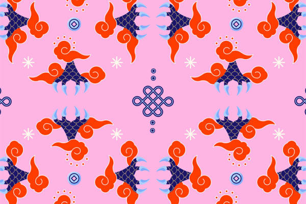 梦幻粉色背景上的凤凰图案服装印花面料设计