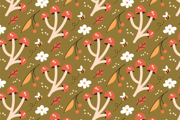 秋季自然风格面料印花，蘑菇与花朵的服装印花设计