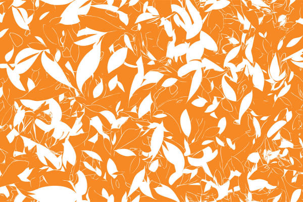 活力橙白抽象叶子图案服装印花面料设计