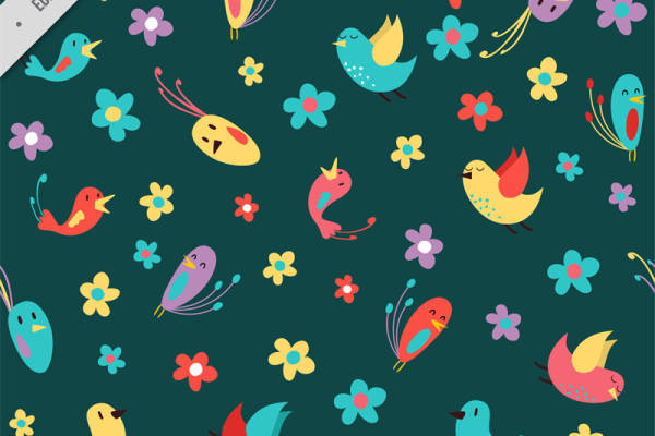 春日活力鸟类与花卉图案服装印花面料设计
