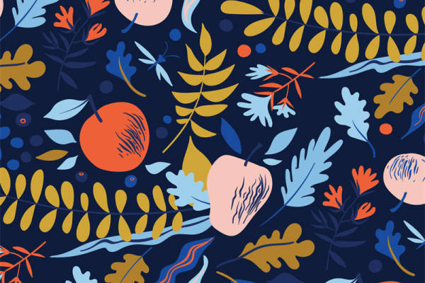 秋季水果与叶子图案面料印花服装印花设计