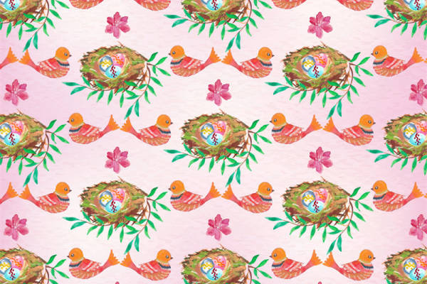 温馨春日小鸡与花朵面料印花服装设计