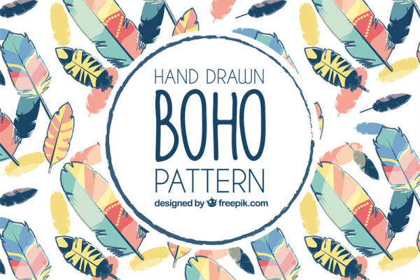 手绘波西米亚风格羽毛图案服装印花面料设计