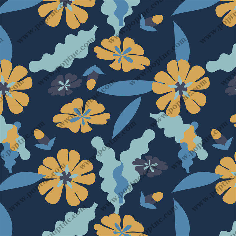 优雅深蓝背景上的黄色花朵服装印花面料