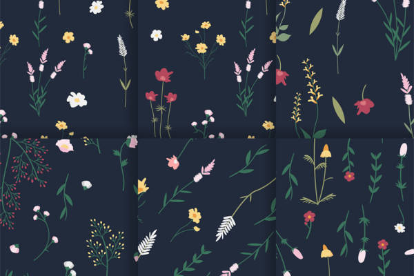 深蓝色背景上的多彩花卉服装印花面料设计