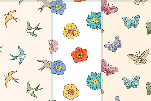 春日花卉与飞鸟图案服装印花面料设计