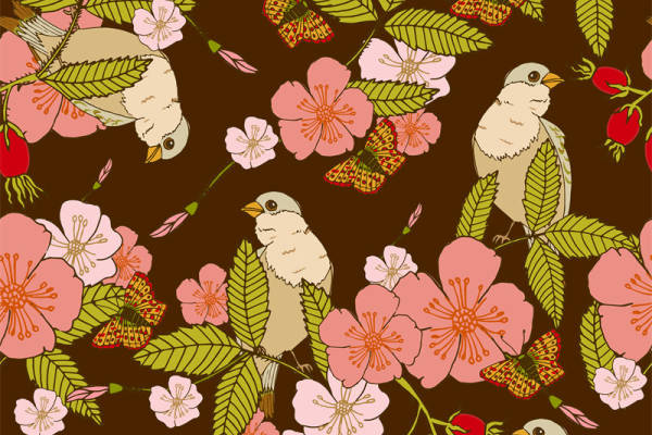 春日花园灵感:樱花与小鸟图案服装印花面料