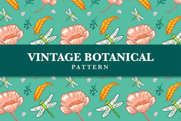 复古风格花卉蜻蜓图案服装印花面料设计