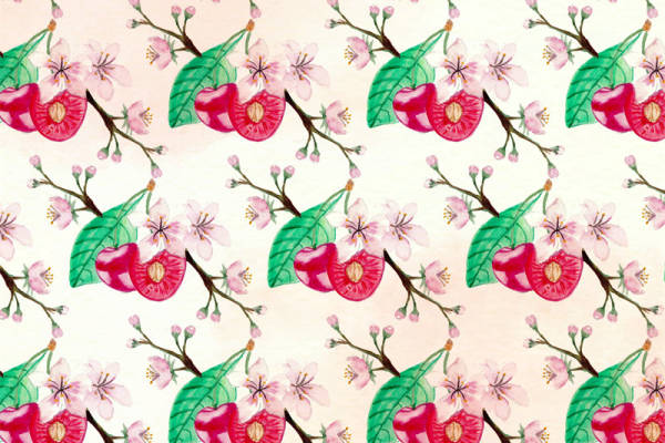 春日樱桃与樱花交织的面料印花服装设计