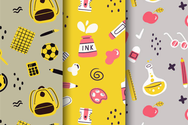 创意校园风服装印花设计：书包与文具元素面料印花