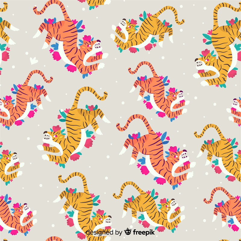 活泼老虎与花卉图案面料印花服装印花设计