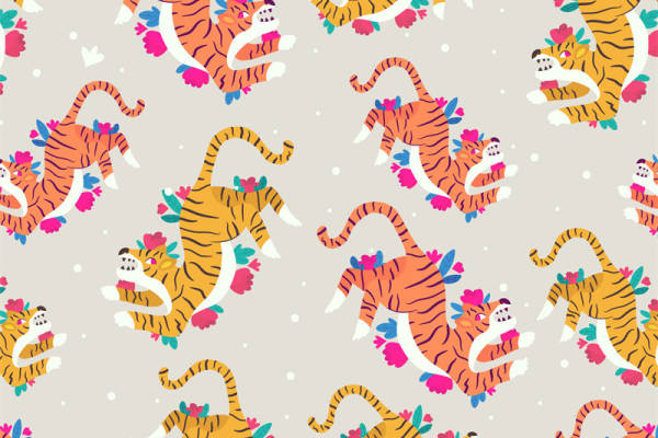 活泼老虎与花卉图案面料印花服装印花设计