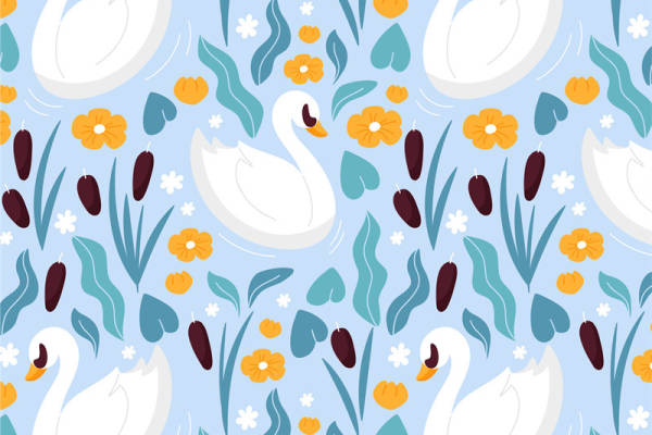 优雅天鹅与花卉图案服装印花面料设计