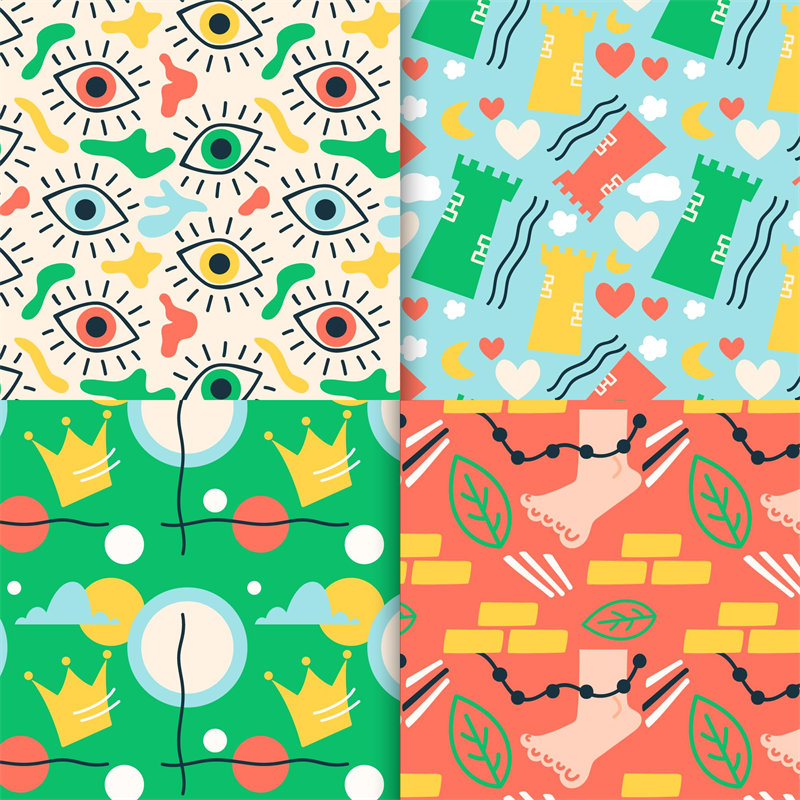 2024年春季新款时尚面料印花:眼睛、城堡、皇冠与手部图案服装印花设计