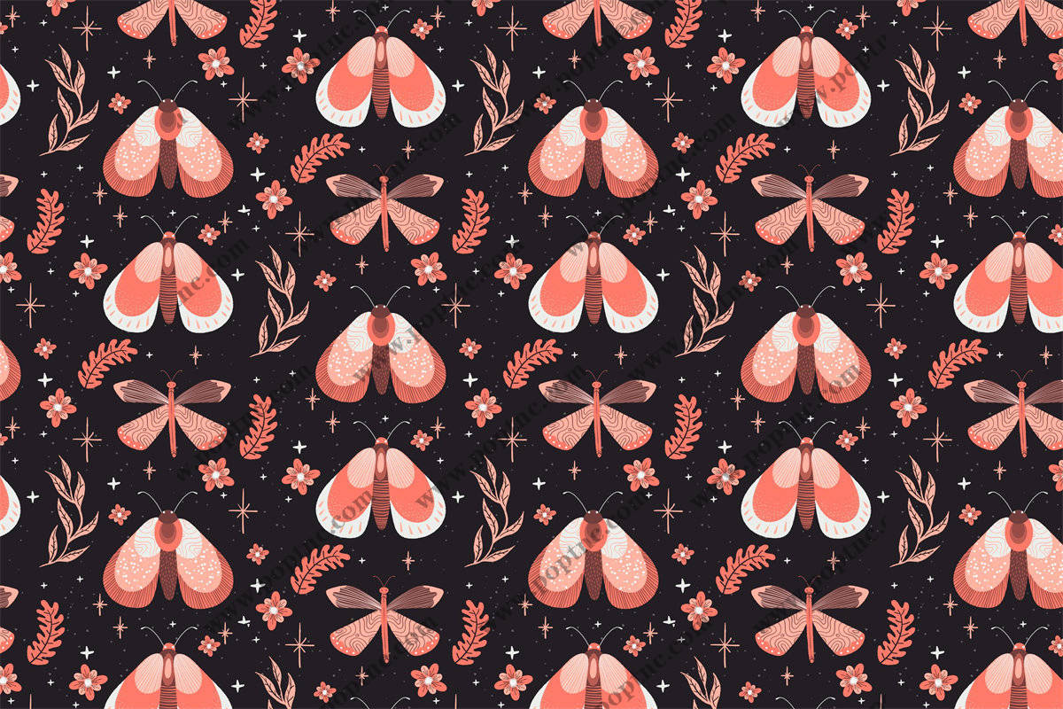 梦幻粉色蝴蝶与花卉图案服装印花面料