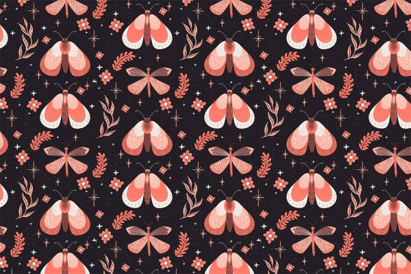 梦幻粉色蝴蝶与花卉图案服装印花面料