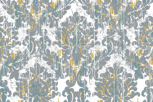 复古风格服装印花:优雅灰蓝与金色的面料印花设计