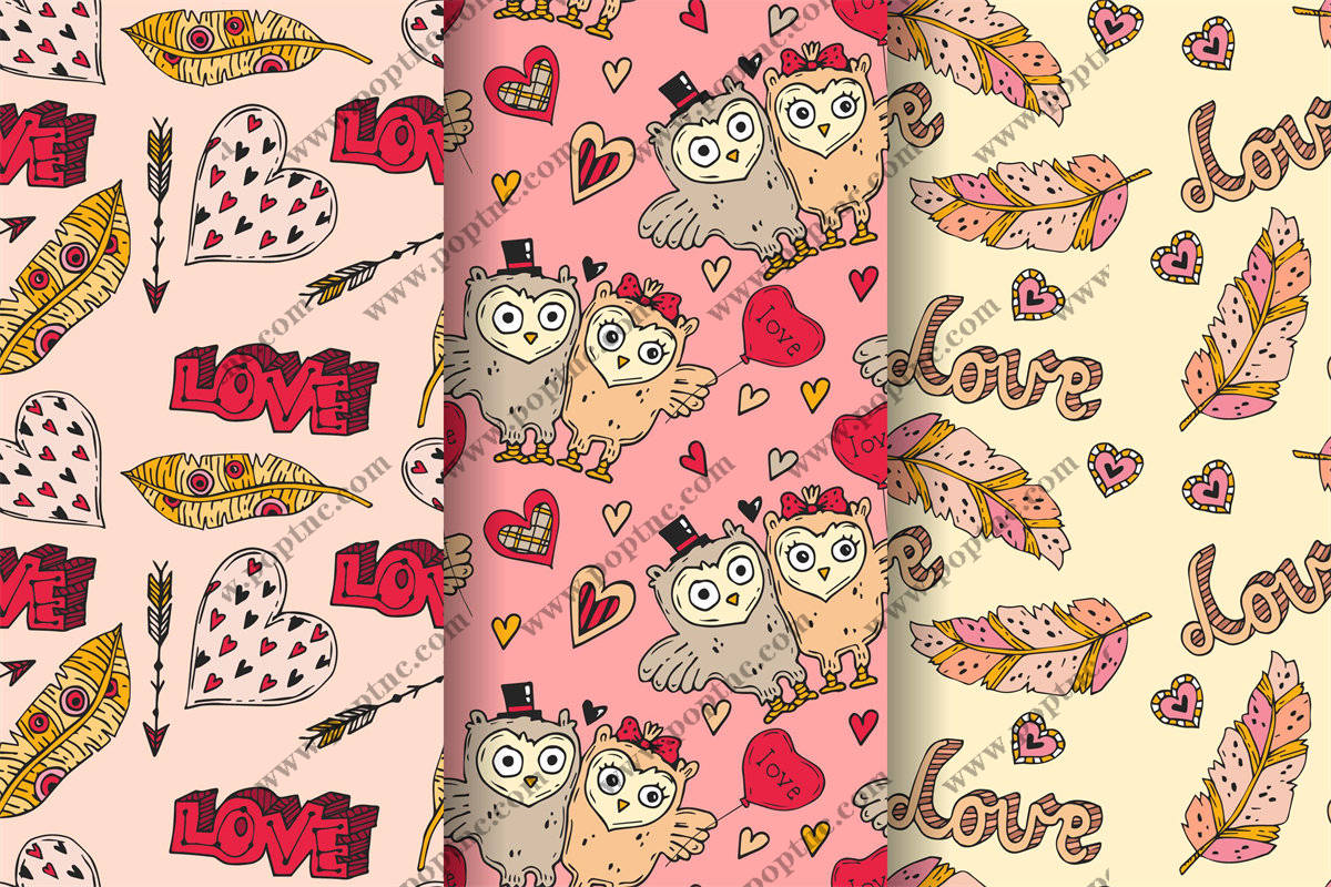 浪漫卡通猫头鹰面料印花,甜蜜爱情主题服装印花设计