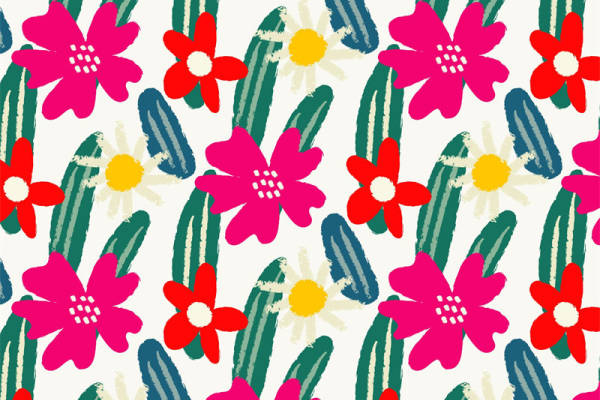 春日花卉与仙人掌图案服装印花面料设计