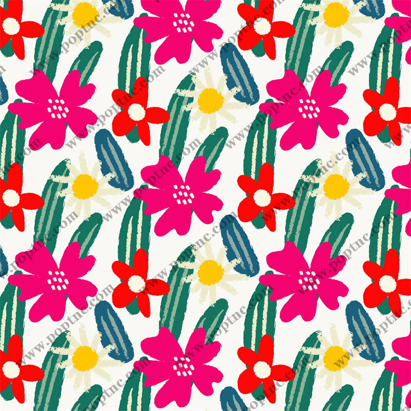 春日花卉与仙人掌图案服装印花面料设计