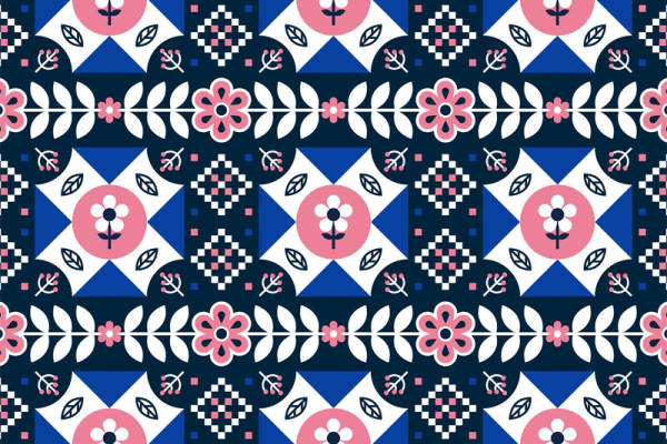 经典蓝粉几何花卉面料印花,打造时尚服装新潮流