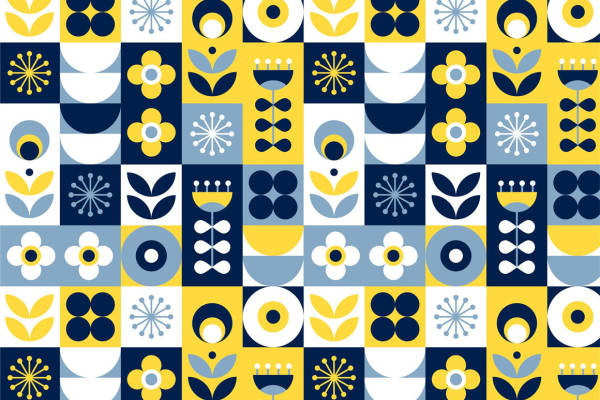 经典蓝黄配色几何图案服装印花面料设计