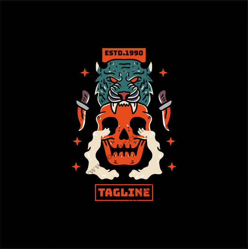 复古风格骷髅与虎头裁片印花服装印花设计