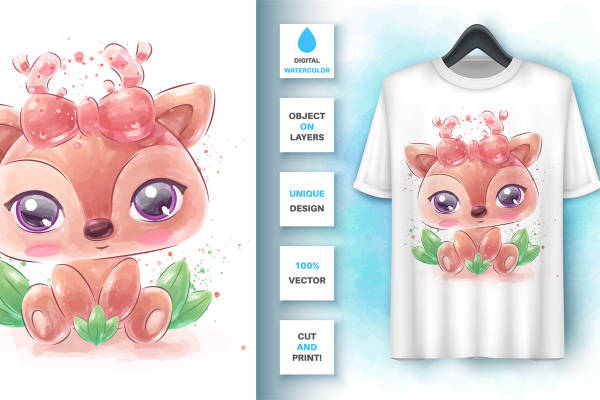 萌趣鹿角卡通鹿裁片印花服装印花设计