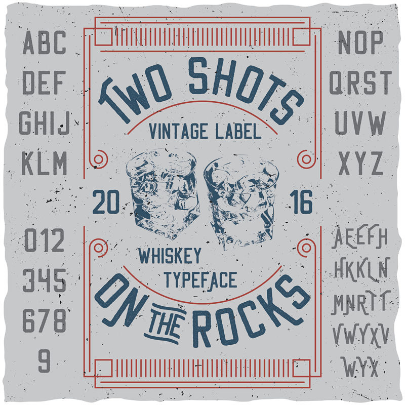 复古风格裁片印花服装：Two Shots Whiskey Typeface设计