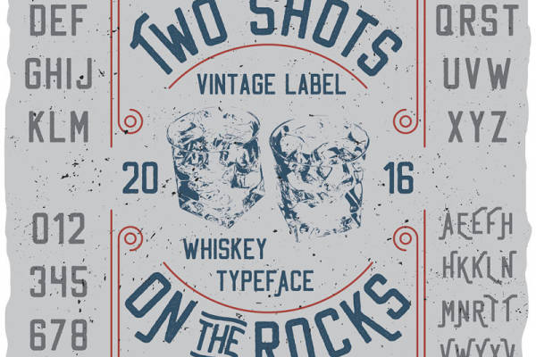 复古风格裁片印花服装:Two Shots Whiskey Typeface设计