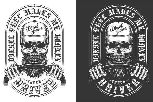 复古工业风裁片印花:卡车司机头骨图案服装印花