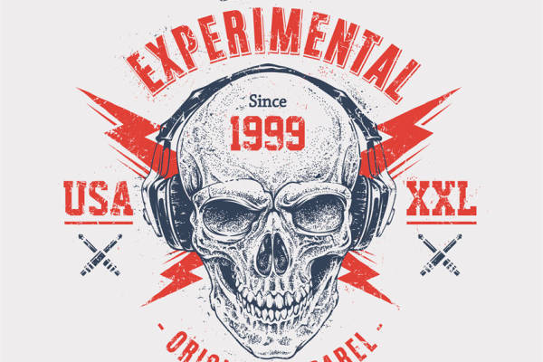 复古骷髅耳机图案服装印花设计，时尚与个性的完美结合