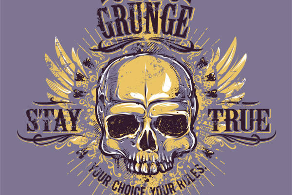 复古摇滚风裁片印花：骷髅翅膀图案服装印花