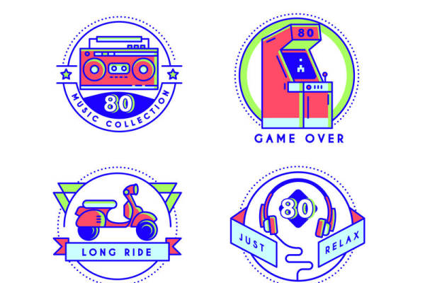 80年代复古风格裁片印花:音乐、游戏、长骑行、放松主题服装印花