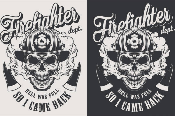 复古消防员头盔骷髅图案服装印花设计