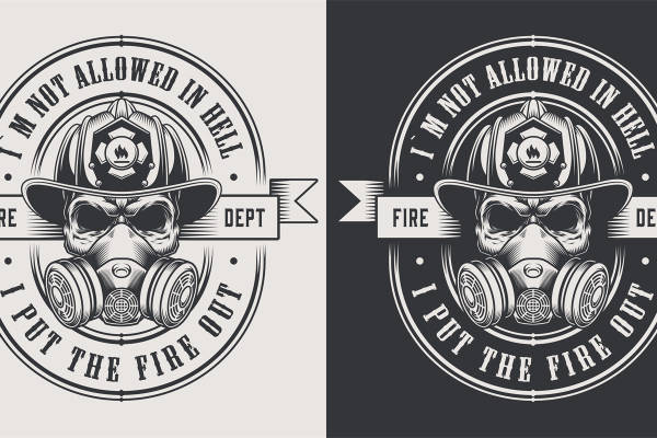 复古消防员头盔图案裁片印花，适用于服装设计