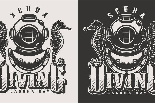 复古潜水帽与海马图案服装印花设计