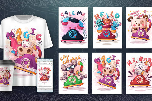 复古电话与可爱动物的创意服装印花设计