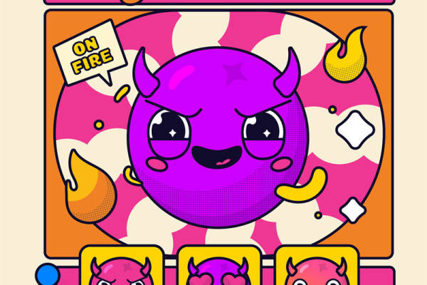 裁片印花：梦幻紫恶魔表情服装印花设计