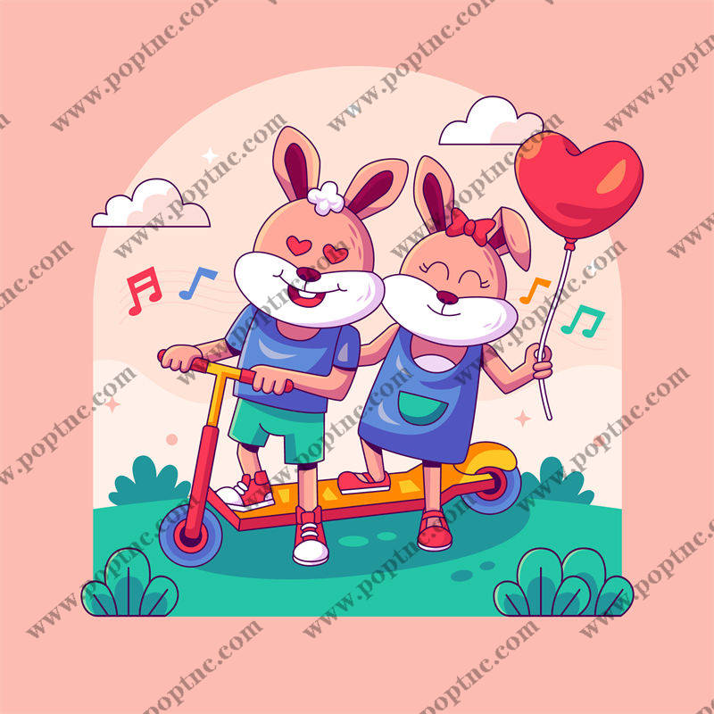 浪漫兔子骑滑板车的裁片印花设计,适合情侣服装印花
