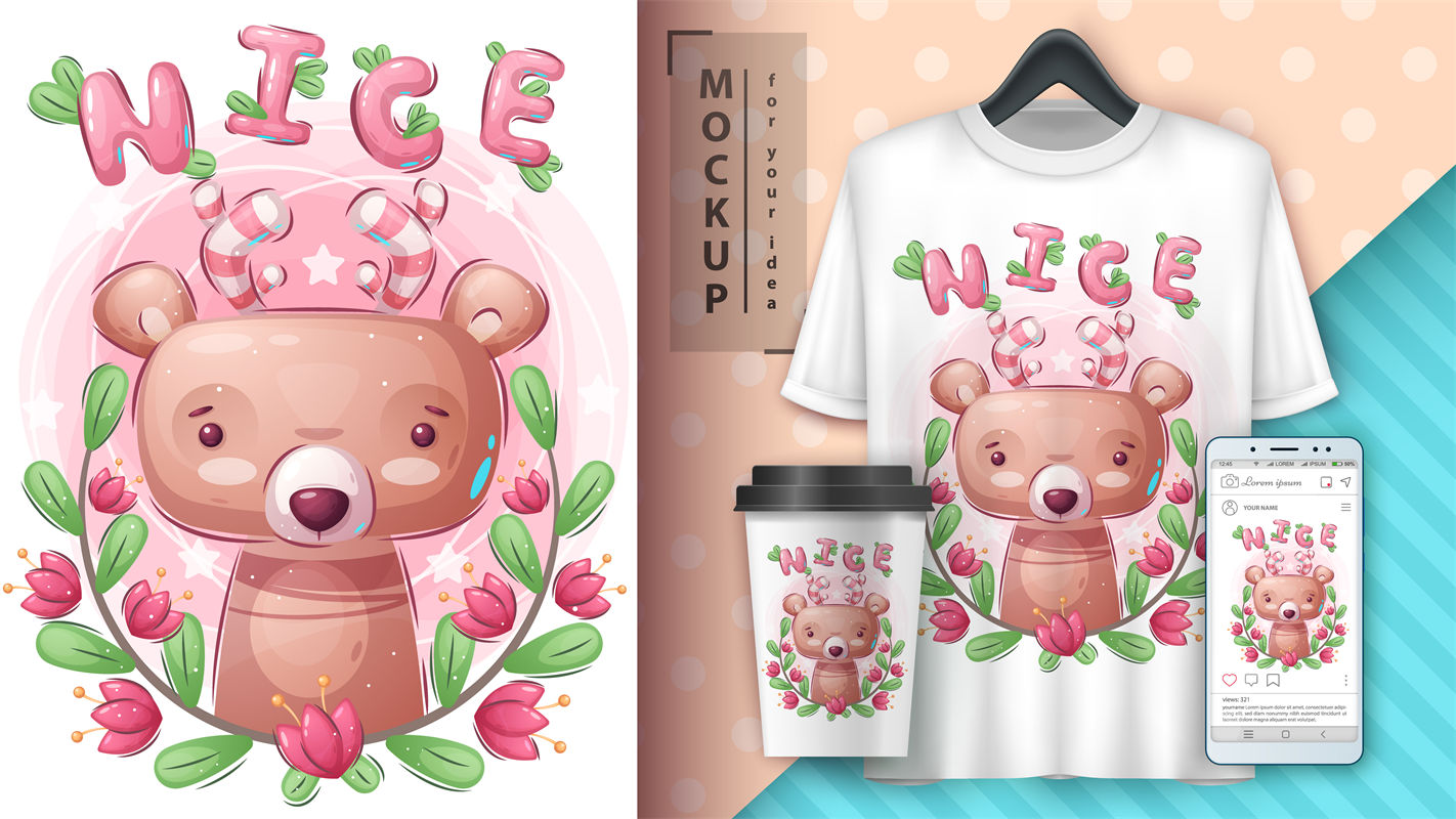 可爱熊与花环：时尚裁片印花设计，适合各种服装