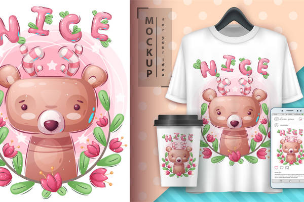 可爱熊与花环:时尚裁片印花设计,适合各种服装