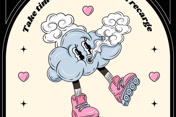 可爱云朵滑冰鞋图案服装印花设计，轻松休闲风格，适合运动与日常