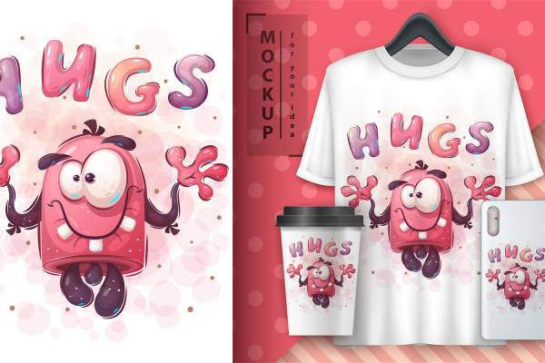 粉色可爱怪兽抱抱印花：创意服装印花设计