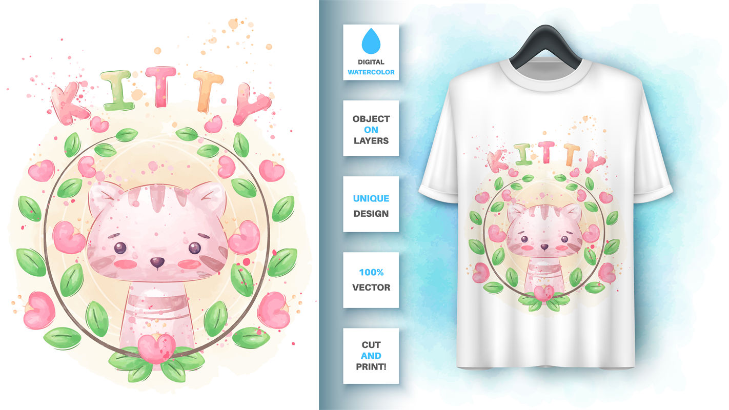 可爱猫咪花环裁片印花，打造个性服装设计