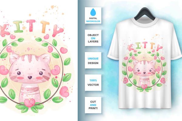 可爱猫咪花环裁片印花，打造个性服装设计