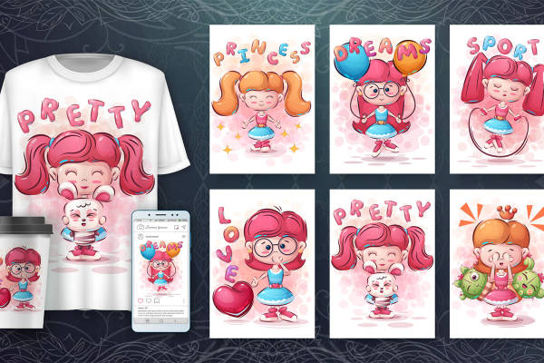 可爱公主系列:粉色花型纹理服装印花设计