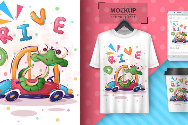 趣味鳄鱼驾驶玩具车，创意裁片印花设计，适合儿童服装印花